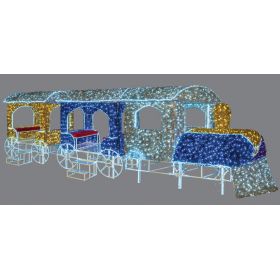 Φωτιζόμενη Παράσταση Τρένο , Με Μεταλλικό Σκελετό ,Πολύχρωμες Γιρλάντες ,Υφασμάτινα Καθίσματα Και Μετασχηματιστή ip65 Εξωτερικού Χώρου 600 x 150 x 200(h)cm